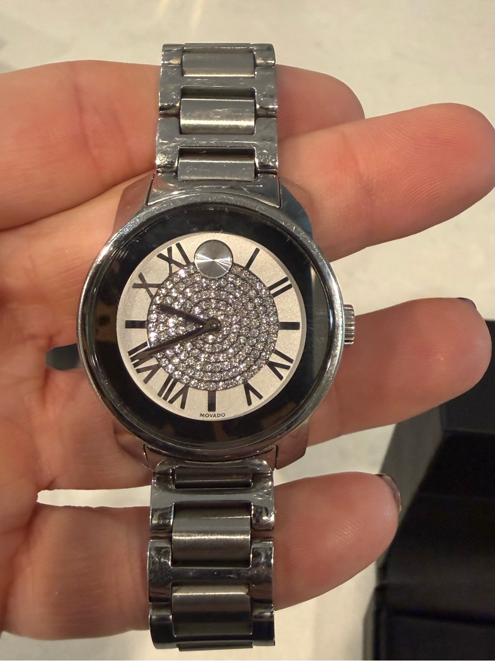 Movado Silver-Tone Pave Crystal Accent Bracelet Watch